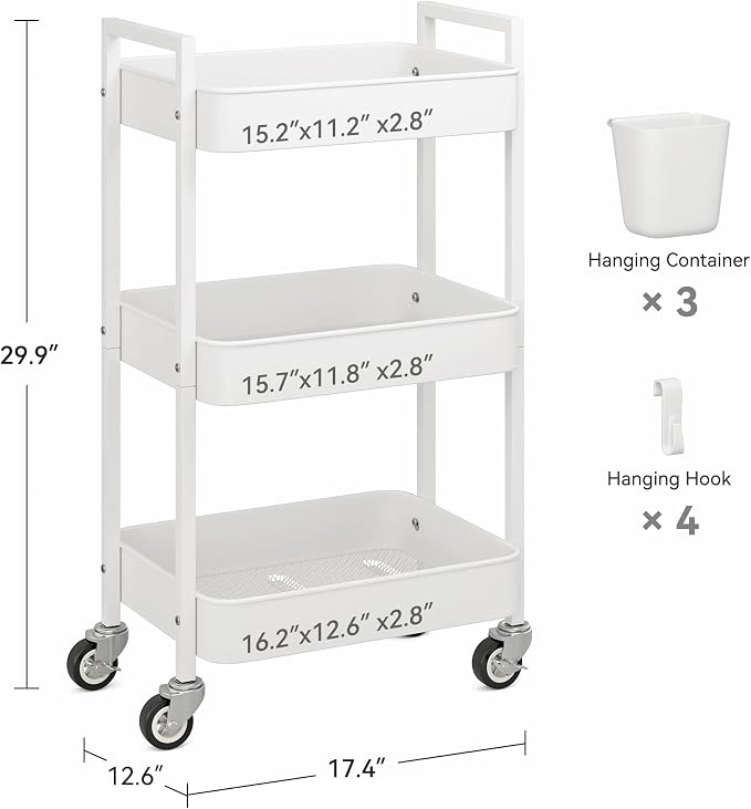 Nunsino 3 Tier Rolling Cart, Utility Cart - Image 4
