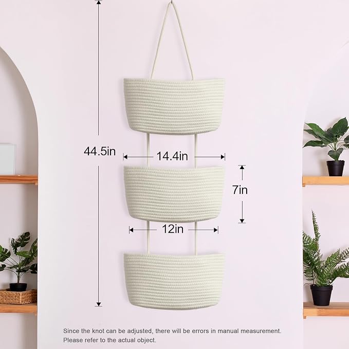TeoKJ Over the Door Hanging Basket, 3-Tier Woven Cotton Wall-Mounted Storage - Image 5