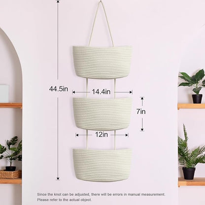 TeoKJ Over the Door Hanging Basket, 3-Tier Woven Cotton Wall-Mounted Storage - Image 5