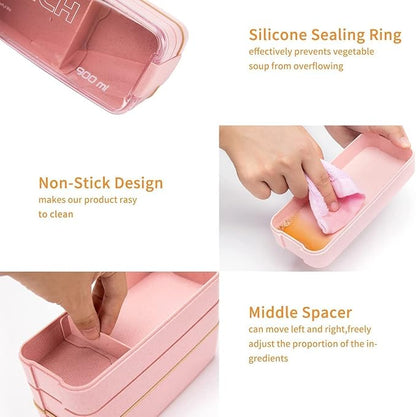 Rarapop Pink Stackable Bento Box Japanese Lunch Box Kit - Image 3