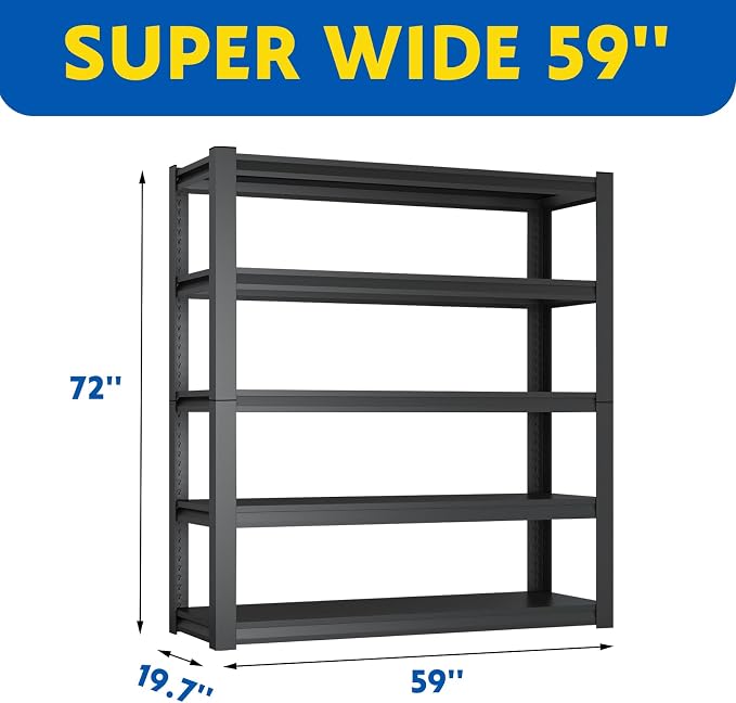 72''H Garage Shelving Heavy Duty, 3000LBS Storage Shelves, 5-Tier Adjustable - Image 2