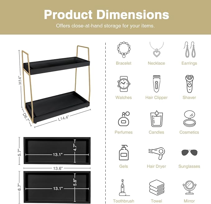 Forbena Black and Gold Bathroom Organizer Countertop, 2 Tier Counter Organizer - Image 2