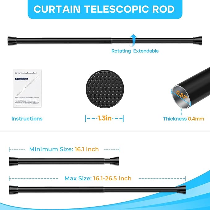 2 Pack Black Small Tension Curtain Rod 16-26 Inch, 7/8" inch Adjustable Short - Image 2
