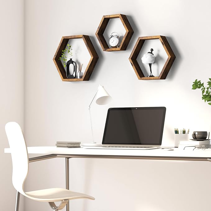 CADUKE Hexagon Floating Shelves, Decorative Wall Mounted Shelves, Wooden - Image 2