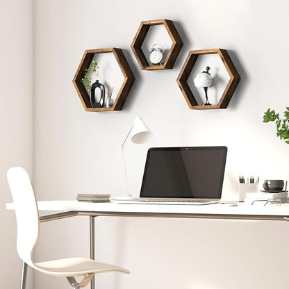 CADUKE Hexagon Floating Shelves, Decorative Wall Mounted Shelves, Wooden - Image 2