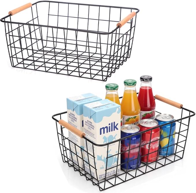 LeleCAT Wire Baskets with Wooden Handles Wire Storage Organizer Bin Baskets by LeleCAT