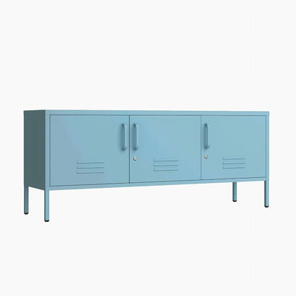 Lockable 3-Door Ocean Blue Metal TV Cabinet, Industrial Low Profile Steel Media - Image 9
