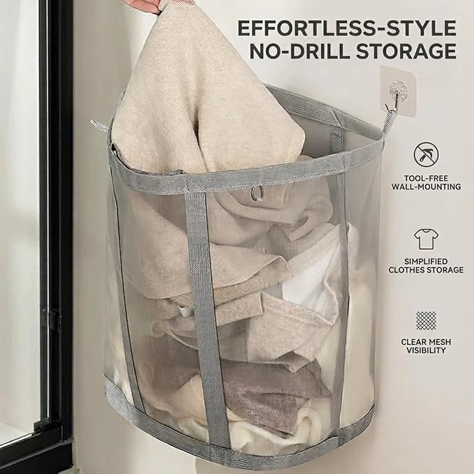 Wall-Mounted Foldable Laundry Basket, 41L Mesh Hamper, 2 Pack | Collapsible - Image 2