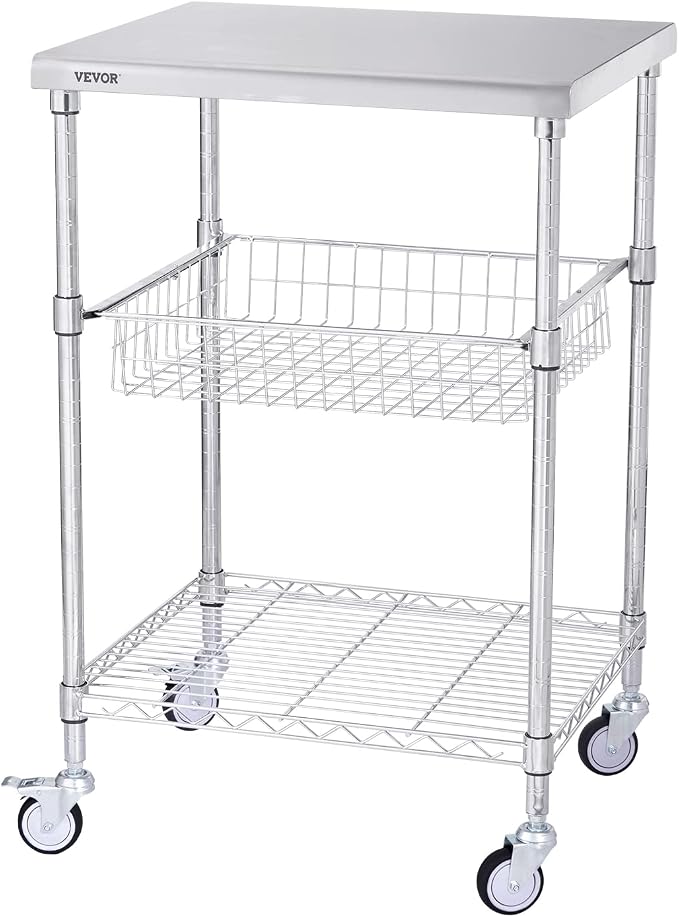 VEVOR Kitchen Utility Cart, 36.6"x20"x24" 3 Tiers Wire Rolling Cart, 470LBS - Image 9