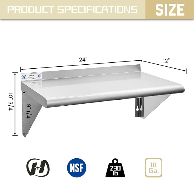 Hally Stainless Steel Shelf 12 x 24 Inches 230 lb, NSF Commercial Wall Mount - Image 3