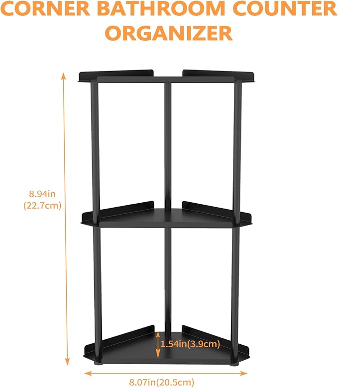 FLE Corner Bathroom Counter Organizer, 3 Tier Corner Shelf Countertop Black | 3 - Image 2