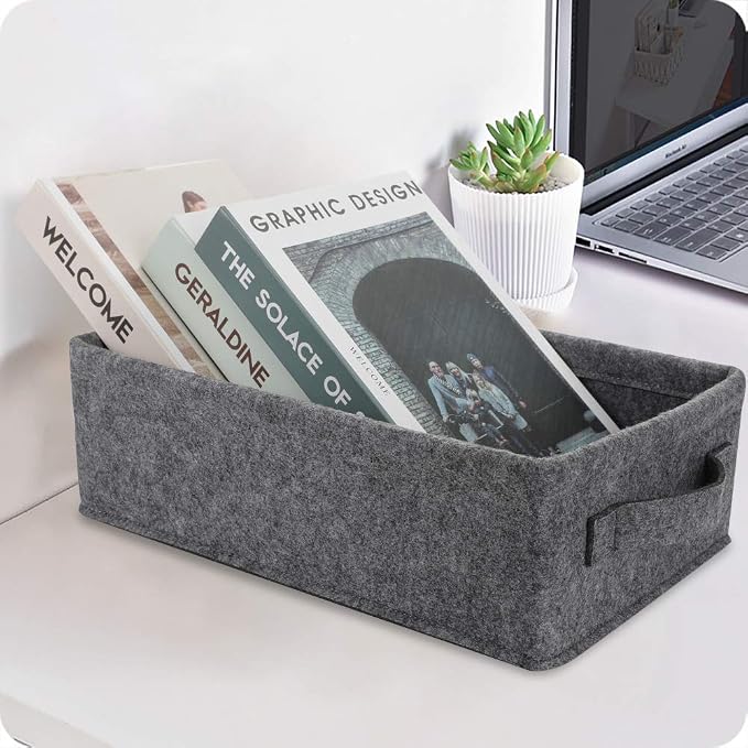 Medium Storage Basket Shlef Low Storage Bin Rectangle Felt Fabric Baskets - Image 2