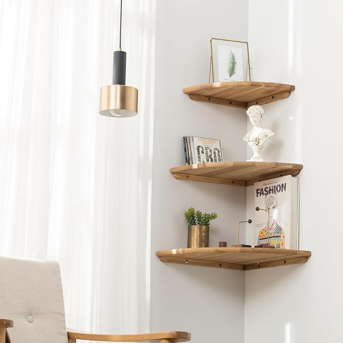 Corner Shelf, 7inch Solid Oak Wood Floating Corner Shelf Wall Mount Round End - Image 9