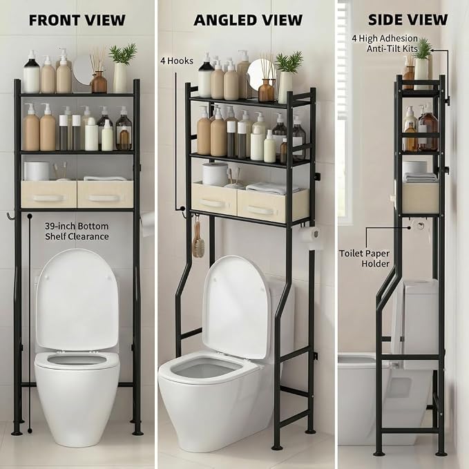 GloTika 3-Tier Over Toilet Storage, 2 Baskets | Anti-Tilt Safety System - Image 8