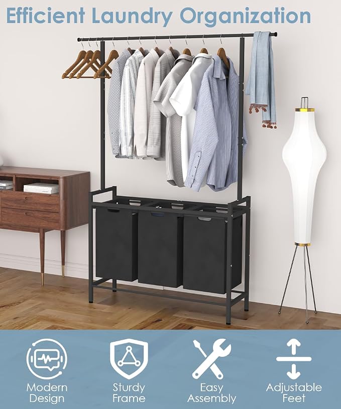 Large Laundry Hamper with Clothes Rack Hanging Bar, 10 x 3 Gal Pull-Out & - Image 5