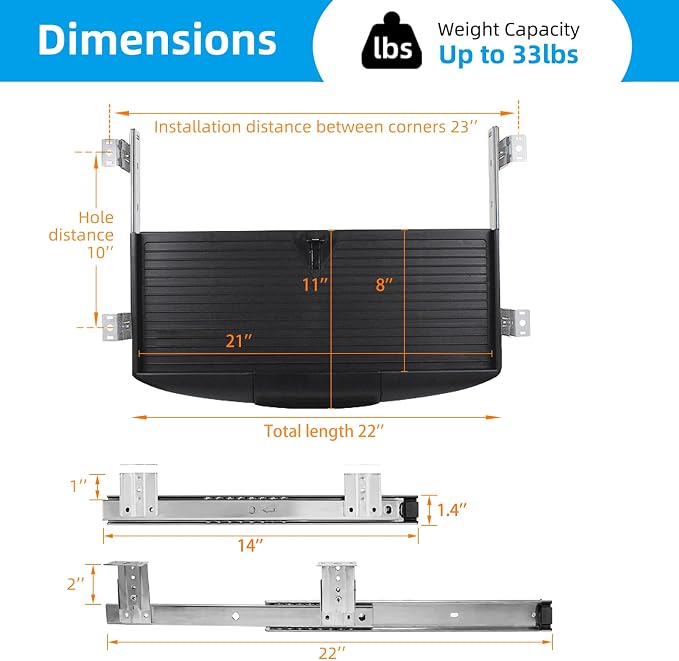 22"Wx11"D Under Desk Keyboard Tray Slide Out, Pull Out Keyboard Tray - Image 6