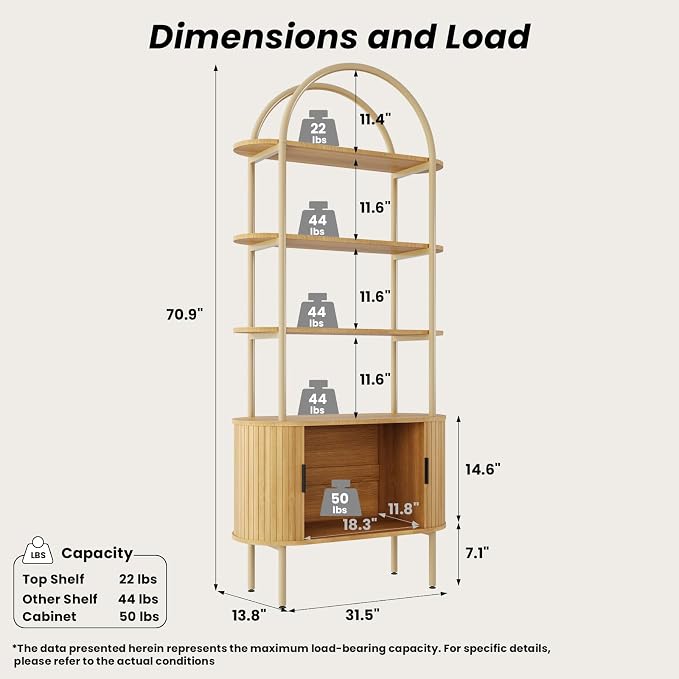 BREEZEHEAT Fluted Arched Bookshelf, 4-Tier Open Display Storage Shelf, and - Image 2