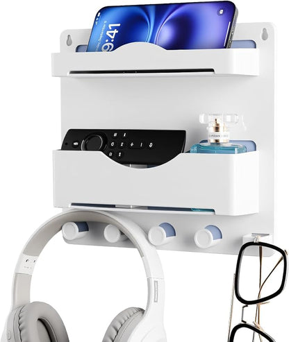 Bedside Wall Shelf with Glasses Hooks, Adhesive Bedside Organizer Wall Mount by JUMEIHUI