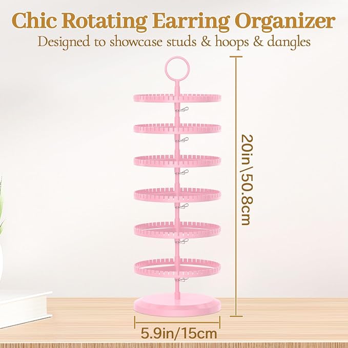 MODOWEY Rotating Earring Holder Organizer Adjustable Display, 6 Tiers Pink | - Image 2