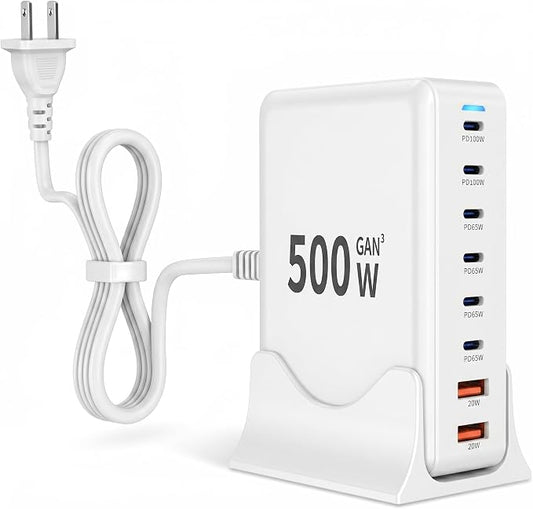 500W USB C Charger Block Charging Station, GaN3 8-Port Fast Charger Block by Fitquipment