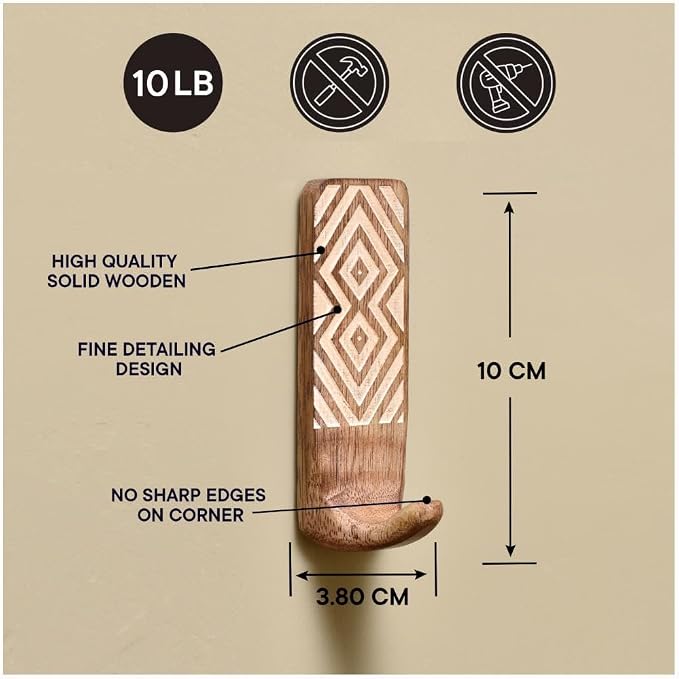 Indian Shelf 3 Boho Wood Adhesive Wall Hooks Peel Stick - Image 7