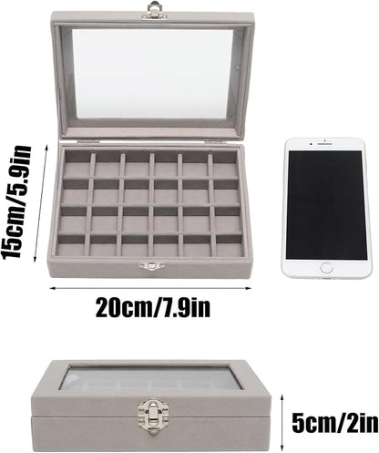 Small Velvet Jewelry Tray with Clear Lid, 24 Grids Gray | Lockable Ring Earring - Image 2