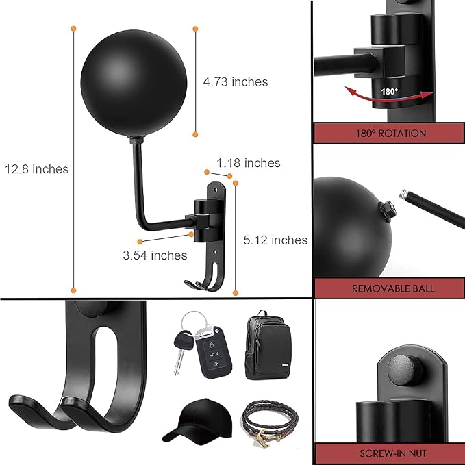SANGMO 180° Motorcycle Helmet Rack, Rotation Metal Helmet Holder Wall Mounted - Image 2