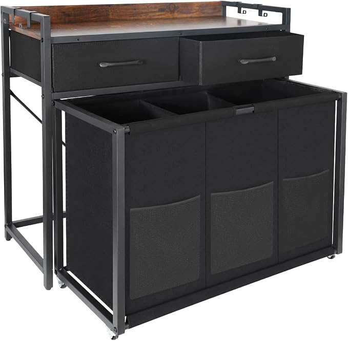 Rolling Laundry Sorter with wheels, Laundry Hamper 3 Section with shelf by TNAMASUN
