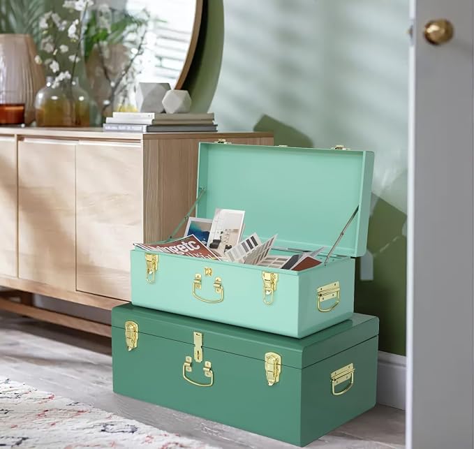 Vixdonos Decorative Large Metal Box Storage Trunk Chest Set of 2 College Dorm - Image 4