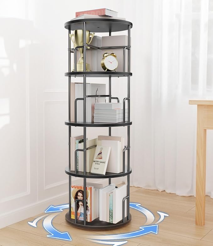 4 Tier Rotating Bookshelf Tower Round Black, 50” Floor Standing Spinning by Amzeth