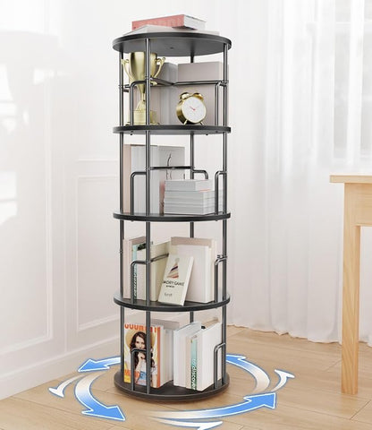 4 Tier Rotating Bookshelf Tower Round Black, 50” Floor Standing Spinning by Amzeth