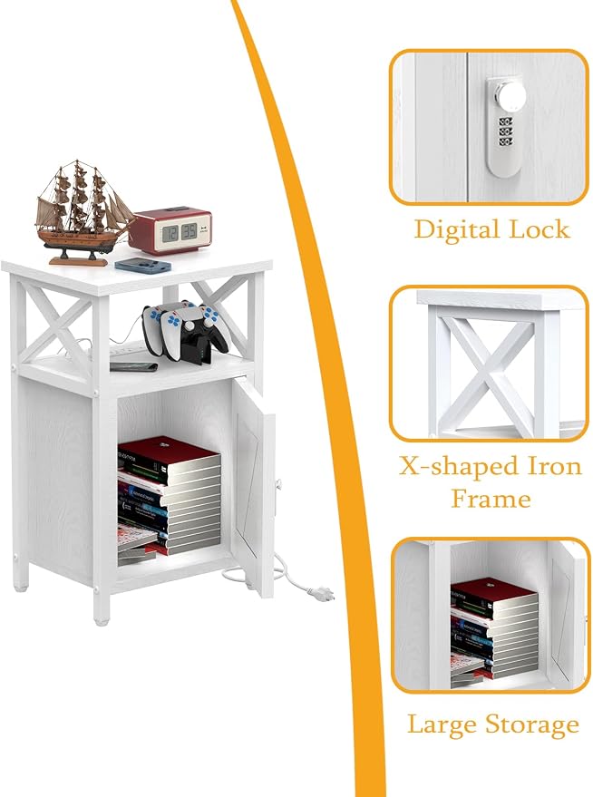 runjuly Wooden Nightstand with Lock Storage and Charging Station, Lockable - Image 6