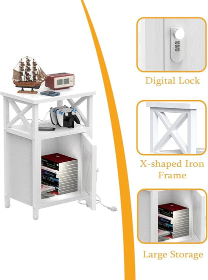 runjuly Wooden Nightstand with Lock Storage and Charging Station, Lockable - Image 6