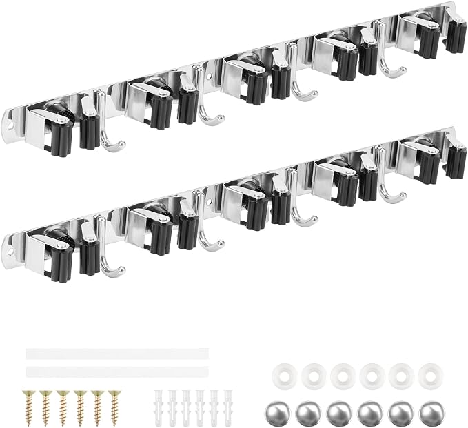 2 Pack Broom Holder Wall Mount 5 Racks 4 Hooks Stainless Steel Broom Mop Holder - Image 8