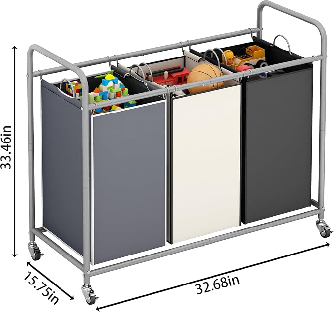 LINZINAR 3-Bag Laundry Basket Sorter Laundry Hamper Cart - Image 6