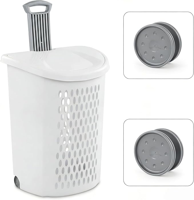 White Lalaundry Basket with Wheels and Lid, Portable Laundry Basket, Durable - Image 2