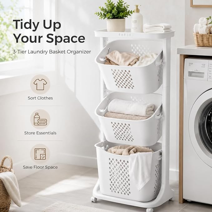 3 Tier Laundry Basket, Stackable Rolling Laundry Sorte Multi-functional Clothes - Image 2