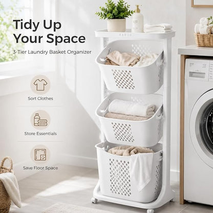 3 Tier Laundry Basket, Stackable Rolling Laundry Sorte Multi-functional Clothes - Image 2