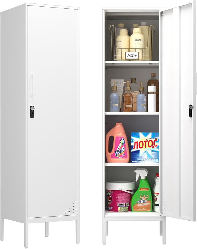 White Metal Locker Cabinet, 59.1" Lockable Storage Locker by Home