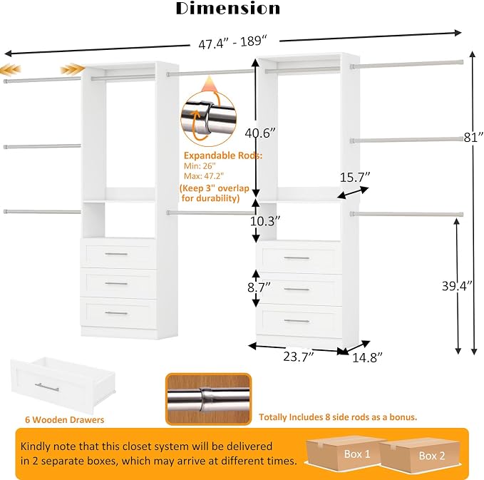 Closet System with Drawers, closet organizer system, 2 Sets 4-15FT | 6 Wooden - Image 2
