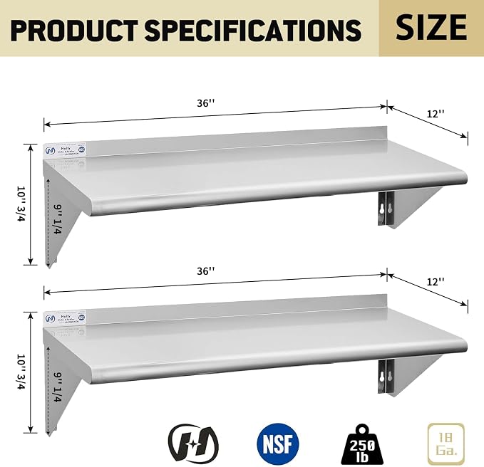 Hally Stainless Steel Shelf Wall Mounted Metal Shelf Wall Shelf 12 x 36 NSF - Image 3