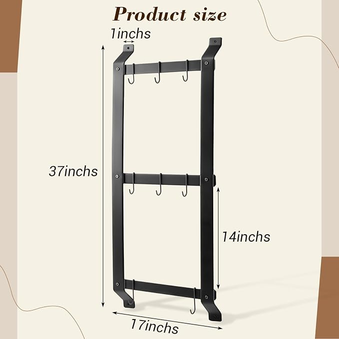 MorningRo 37” Pot and Pan Hanging Rack Wall Mounted, 3 Tier Iron Vertical - Image 2