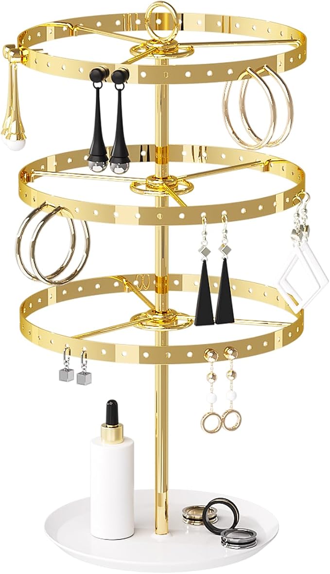3 Tiers Earring Holder Organizer, Metal Rotating Earring Stand Adjustable by KunGe
