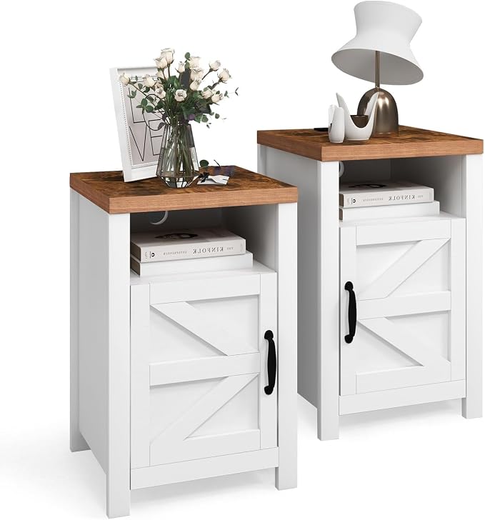 Farmhouse Nightstand with Charging Station, Couch Side Table Set of 2, Bedside - Image 6