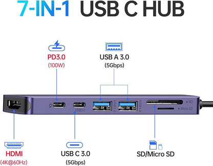 USB C Hub HDMI Adapter for MacBook Pro/Air, 7 in 1 USBC Dongle - Image 2