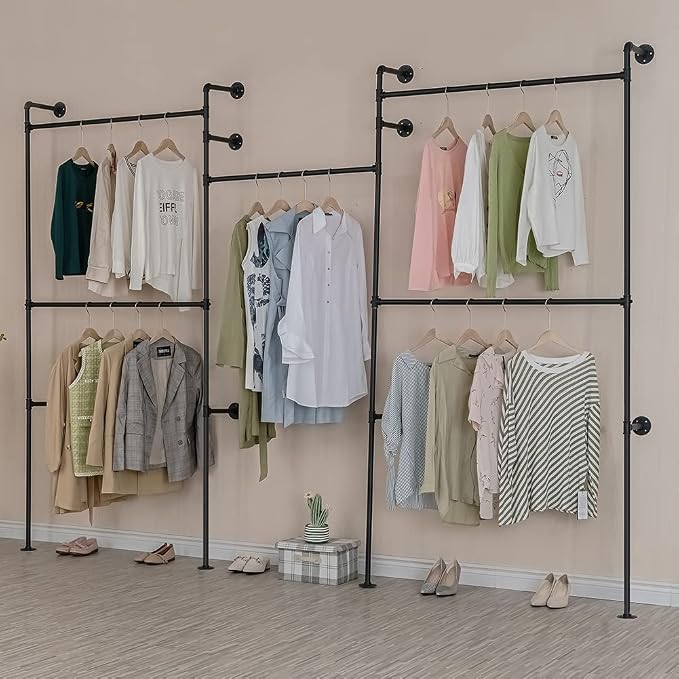 Industrial Pipe Clothes Rack, Heavy Duty Detachable Wall Mounted Black Iron - Image 6
