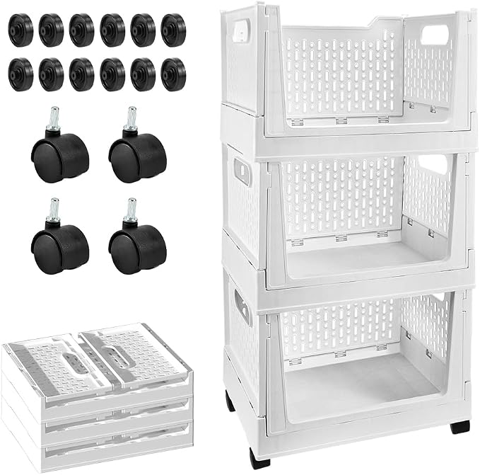 Stackable Plastic Storage Basket, 3 Pack Foldable Closet Organizers and Storage by BUZIFU