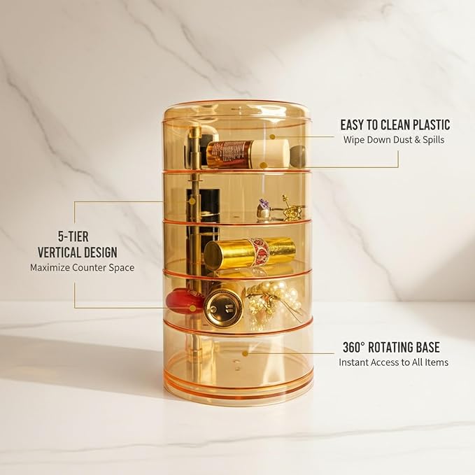 5-Tier Rotating Makeup Organizer, Slim Vanity Storage Tower - Image 5