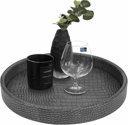 HofferRuffer Faux Leather Round Serving Tray, Vegan Croco Leather Decorative by HofferRuffer