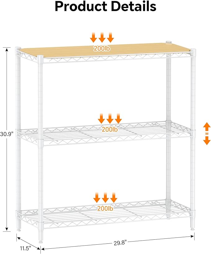 Homeiju 3-Tier Storage Rack, 29.8" Wide Heavy Duty Metal Shelving Unit - Image 3